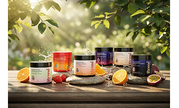 Produkty Remé, w tym kolagen do picia, stoją w ogrodzie na kamieniach, leżących na drewnianym stole, w otoczeniu soczystych owoców.